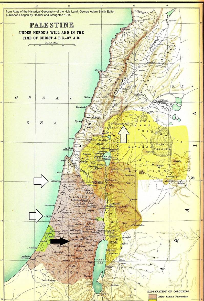 1915 Map of Palestine with Arrows added to call attention to areas being discussed in these documents.
