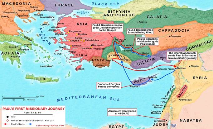 Map of the route of Paul's First Missionary trip