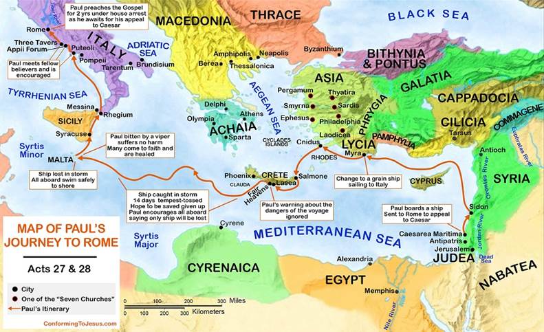 Map depicting the route used to travel to Rome.