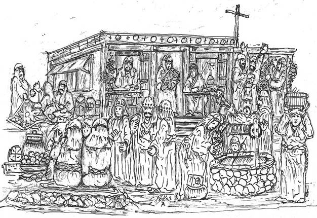 Artist drawing of a market place in old Jerusalem