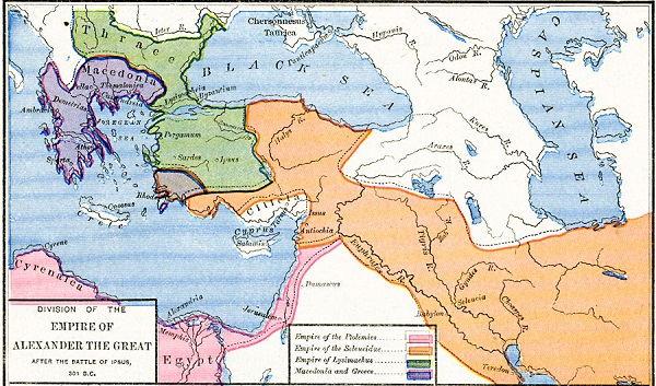 Map depicting the world map as it was divided upon the death of Alexander the Great.