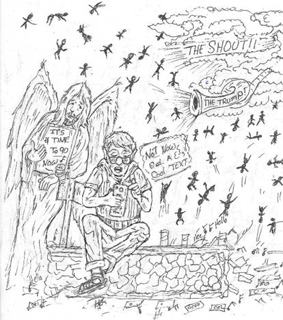 artist drawing of man to busy on his phone when rapture occurs