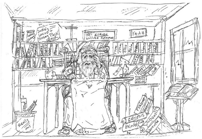 artist drawing of an old squire at his desk with scrolls everywhere