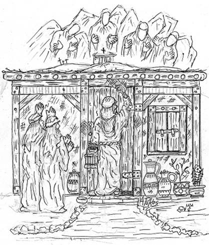 artist drawing of Jews placing the blood on the doorposts while angels overlook
