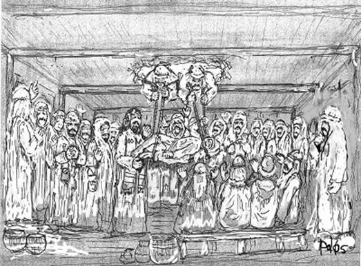 Artist drawing of man being lowered thru roof to Jesus