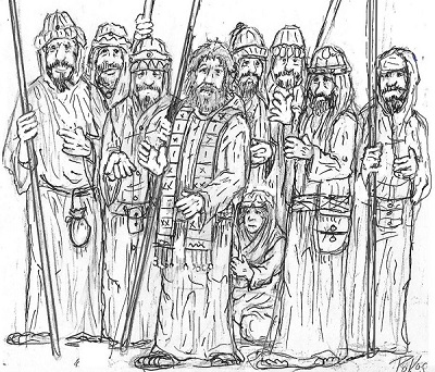 artist depiction of womwn touching the hem of Jesus robe.