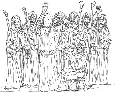 artist drawing of Jesus putting mud on the eyes of blind man