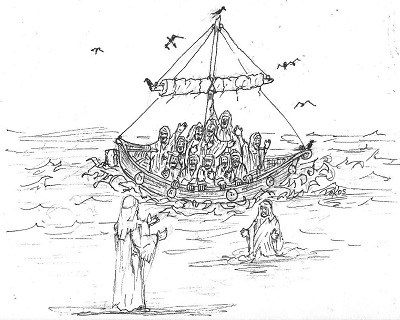 artist drawing of apostles in boat with Jesus walking on water to them