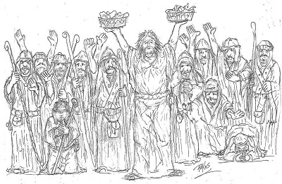 artist drawing of Jesus feeding the people