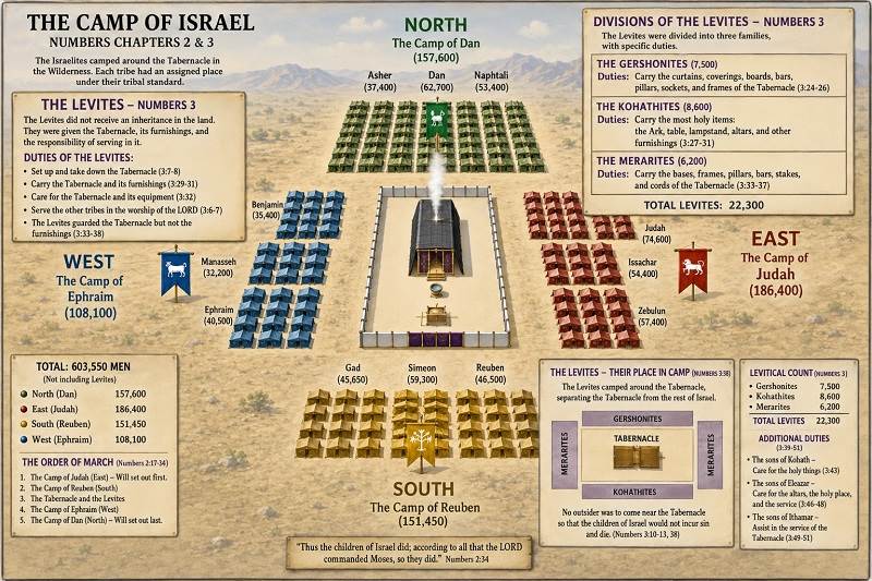 AI generated graphic displaying the layout of the camp by each tribe plus the Levites