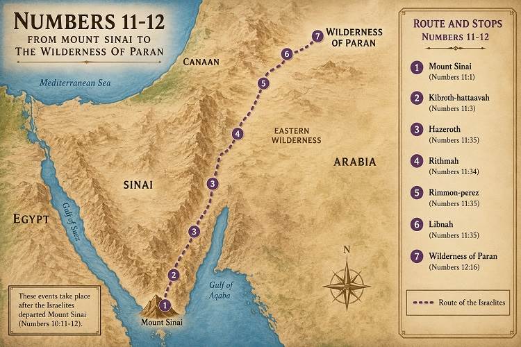 AI Generated Map showing approximate route from Mount Sinai to Wilderness of Paran where the Hebrews are in these chapters.