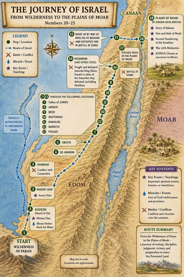 Map depicting the stops made from Paran until they reached Plains of Moab