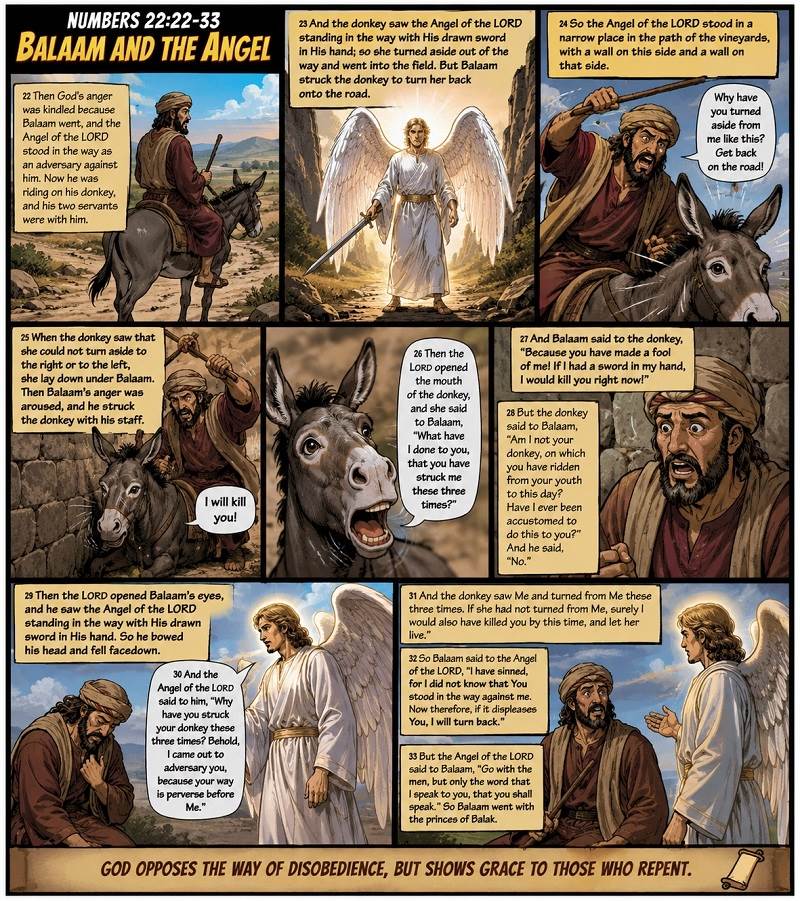 The text of Numbers 22:22-33 is depicted in a graphic comic strip telling the story of Balaam and his donkey.