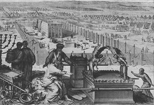 Illustration called The erection of the tabernacle and the Sacred vessels, from the 1728 Figures de la Bible by Gerard Hoet