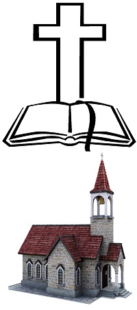 image of a church, cross and Bible